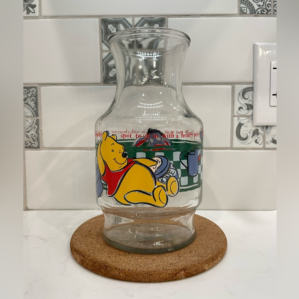 Vintage Anchor Hocking Disney Winnie the Pooh + Eeyore Glass Juice Pitcher, 8.5”